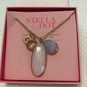 Stella&Dot Trinity Gold Necklace Blue White Circular Semi Precious Stone Charms